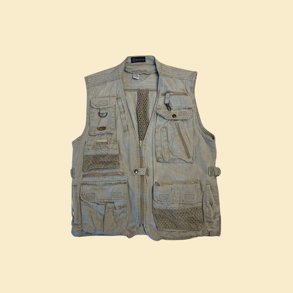 90s Paco multi-pocket vest, size M/L vintage beige zip up streetwear vest